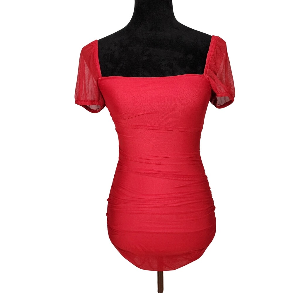 PRINCESS POLLY Size 2 Charvi On/Off Shoulder Red Ruched Mesh Mini‎ Bodycon Dress